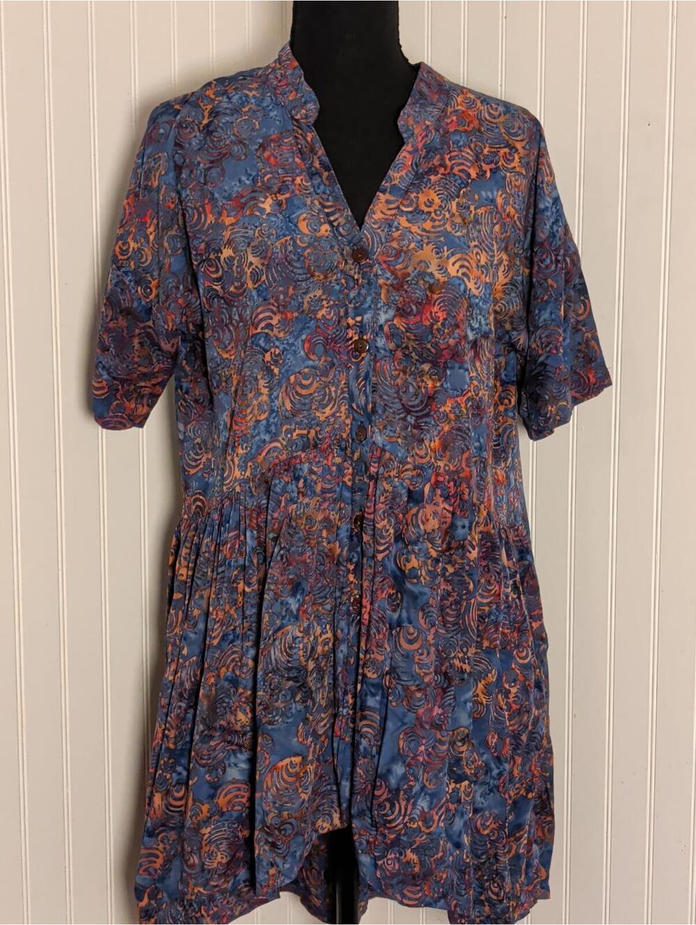 Go Fish Bohemian Flowy Hi Lo Hem Blue and Orange Button Front Short Sleeve Dress